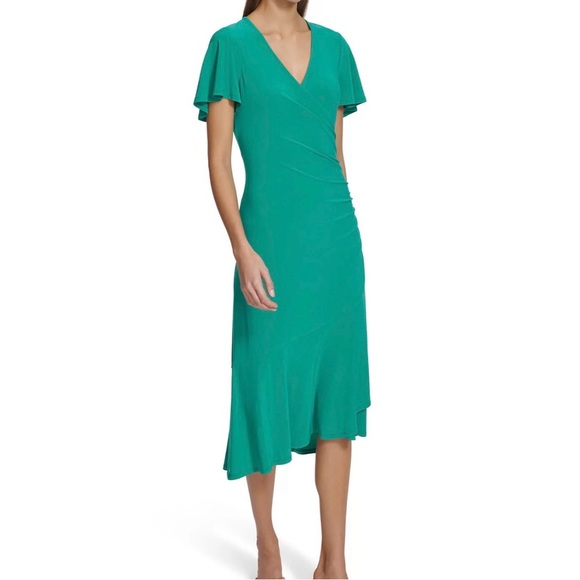 NWT! HARPER ROSE flutter sleeve ruched waisted faux wrap sea green dress. Size 6 - Picture 4 of 4